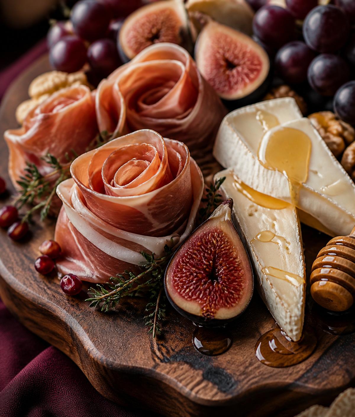 Close-up of prosciutto, brie, honeycomb and figs on a walnut board