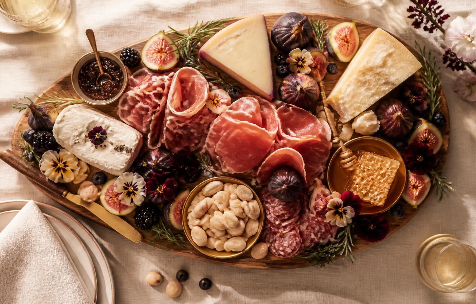Handcrafted charcuterie board with prosciutto roses, aged cheeses, fresh figs and honeycomb